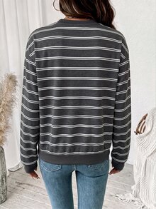 SHEIN LUNE 大尺碼女款條紋圓領落肩長袖休閒衛衣，冬季款 - 彩色 - 查看 4