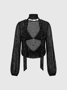 ROMWE Blus Lengan Panjang Wanita Gaya Pesta Y2K Seksi Musim Gugur/Dingin, Leher Berlipat Dalam, Motif Foil Asimetris - Hitam - View 2