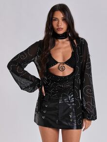 ROMWE Blus Lengan Panjang Wanita Gaya Pesta Y2K Seksi Musim Gugur/Dingin, Leher Berlipat Dalam, Motif Foil Asimetris - Hitam - View 5