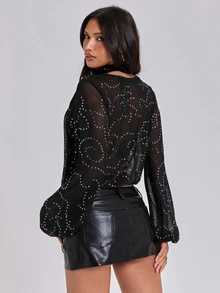 ROMWE Blus Lengan Panjang Wanita Gaya Pesta Y2K Seksi Musim Gugur/Dingin, Leher Berlipat Dalam, Motif Foil Asimetris - Hitam - View 6