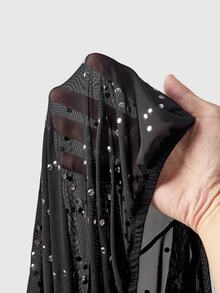 ROMWE Blus Lengan Panjang Wanita Gaya Pesta Y2K Seksi Musim Gugur/Dingin, Leher Berlipat Dalam, Motif Foil Asimetris - Hitam - View 11