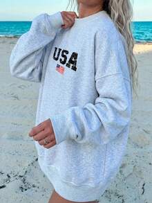 Veykashi USA Flag Independence Day Casual Minimalist Print Pattern Round Neck Long Sleeve Loose Fit Women's Sweatshirt Winter - Grey - View 3