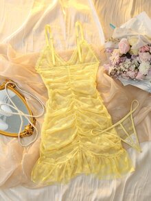 DelicateAllure 2 chiếc váy ngủ nữ phối lưới patchwork, gấu bèo nhún, xuyên thấu, họa tiết jacquard hình tim, cổ V sâu, nhún hông tôn dáng, quyến rũ gợi cảm + quần lót dây - Màu vàng - Xem 2