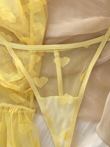 DelicateAllure 2 chiếc váy ngủ nữ phối lưới patchwork, gấu bèo nhún, xuyên thấu, họa tiết jacquard hình tim, cổ V sâu, nhún hông tôn dáng, quyến rũ gợi cảm + quần lót dây - Màu vàng - Xem 6