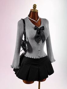 Amplova Bowknot Decor Cinched Waist Frill Trim Long Sleeve Knit Cardigan - Grey - View 4
