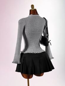 Amplova Bowknot Decor Cinched Waist Frill Trim Long Sleeve Knit Cardigan - Grey - View 5
