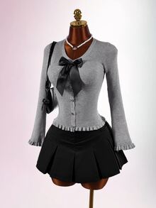 Amplova Bowknot Decor Cinched Waist Frill Trim Long Sleeve Knit Cardigan - Grey - View 3
