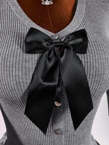 Amplova Bowknot Decor Cinched Waist Frill Trim Long Sleeve Knit Cardigan - Grey - View 6