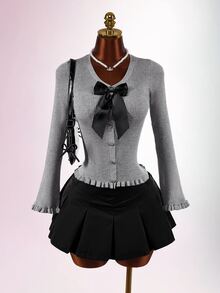 Amplova Bowknot Decor Cinched Waist Frill Trim Long Sleeve Knit Cardigan - Grey - View 2