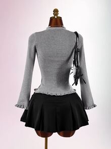 Amplova Bowknot Decor Cinched Waist Frill Trim Long Sleeve Knit Cardigan - Grey - View 9