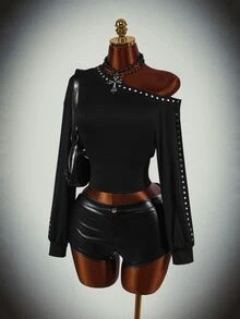 Amplova Women's Asymmetrical Shoulder Stud Decor Casual Versatile Long Sleeve Sweatshirt, Halloween Costumes For Women - Black - View 3