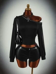 Amplova Women's Asymmetrical Shoulder Stud Decor Casual Versatile Long Sleeve Sweatshirt, Halloween Costumes For Women - Black - View 1