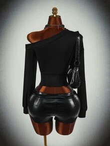 Amplova Women's Asymmetrical Shoulder Stud Decor Casual Versatile Long Sleeve Sweatshirt, Halloween Costumes For Women - Black - View 8