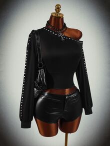 Amplova Women's Asymmetrical Shoulder Stud Decor Casual Versatile Long Sleeve Sweatshirt, Halloween Costumes For Women - Black - View 6