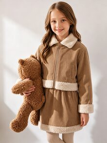 SHEIN Tween女孩美拉德風燈芯絨兩件套，人造羊羔毛飾領拉鍊夾克與迷你裙，秋冬保暖復古返校穿搭套裝 - 駝色 - 查看 4