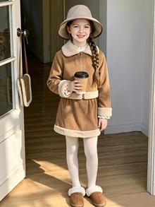 SHEIN Tween女孩美拉德風燈芯絨兩件套，人造羊羔毛飾領拉鍊夾克與迷你裙，秋冬保暖復古返校穿搭套裝 - 駝色 - 查看 7