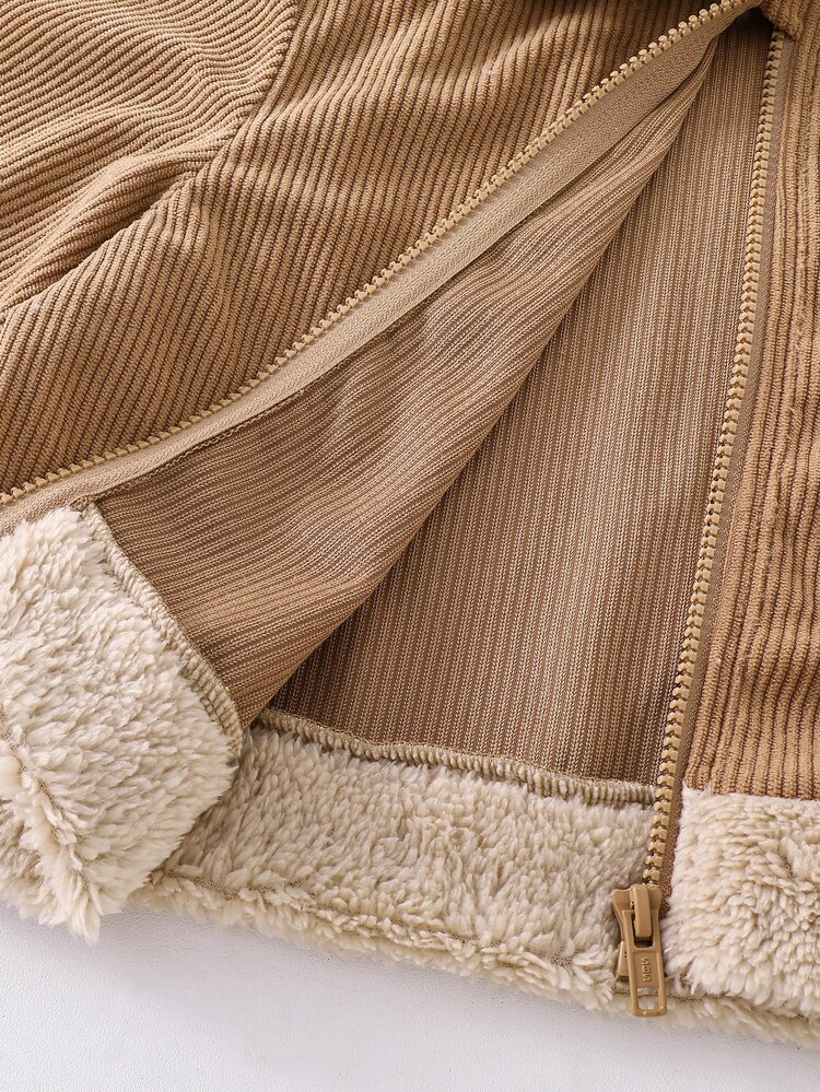SHEIN Setelan 2 Potong Corduroy Gaya Maillard untuk Anak Perempuan Remaja, Jaket Berresleting dengan Trim Bulu Imitasi dan Rok Mini, Setelan Retro Hangat untuk Kembali ke Sekolah di Musim Gugur dan Musim Dingin - Unta - View 8