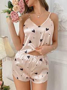 SHEIN Casual Underwear&Sleepwear 心形印花蕾絲背心短褲睡衣套裝 - 杏色 - 查看 4