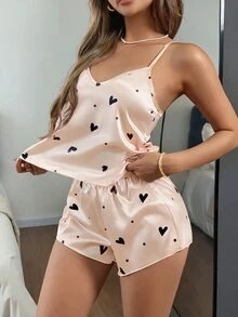 SHEIN Casual Underwear&Sleepwear 心形印花蕾絲背心短褲睡衣套裝 - 杏色 - 查看 1