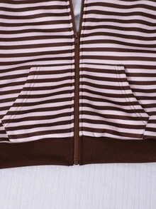 SHEIN 3件組青少年女孩刷毛內裡拉鍊夾克、城市印花短袖上衣、喇叭褲套裝、長袖連帽衫，Sixth Form 正式風，白色與棕色，秋季 - 棕色 - 查看 6