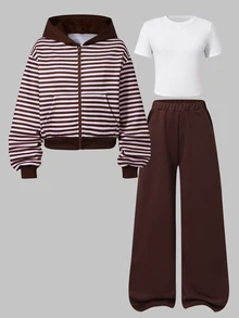 SHEIN 3件組青少年女孩刷毛內裡拉鍊夾克、城市印花短袖上衣、喇叭褲套裝、長袖連帽衫，Sixth Form 正式風，白色與棕色，秋季 - 棕色 - 查看 8
