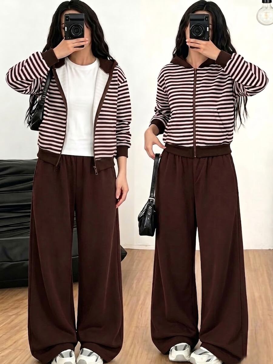 SHEIN 3件組青少年女孩刷毛內裡拉鍊夾克、城市印花短袖上衣、喇叭褲套裝、長袖連帽衫,Sixth Form 正式風,白色與棕色,秋季 - 棕色 - 查看 1