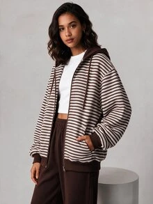 SHEIN 3件組青少年女孩刷毛內裡拉鍊夾克、城市印花短袖上衣、喇叭褲套裝、長袖連帽衫，Sixth Form 正式風，白色與棕色，秋季 - 棕色 - 查看 2