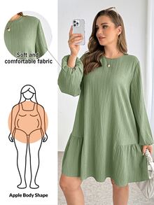 Shapeblank Plus-Size Women's Sage Green Autumn Long Sleeve Babydoll Dress,Smart Casual Tea Party Textured Fabric Loose Comfortable Curve Short Dress For Spring - Green - View 1