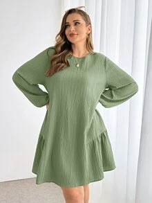 Shapeblank Plus-Size Women's Sage Green Autumn Long Sleeve Babydoll Dress,Smart Casual Tea Party Textured Fabric Loose Comfortable Curve Short Dress For Spring - Green - View 3