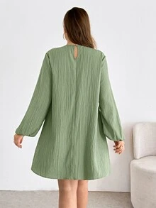 Shapeblank Plus-Size Women's Sage Green Autumn Long Sleeve Babydoll Dress,Smart Casual Tea Party Textured Fabric Loose Comfortable Curve Short Dress For Spring - Green - View 2