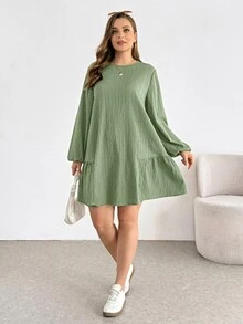 Shapeblank Plus-Size Women's Sage Green Autumn Long Sleeve Babydoll Dress,Smart Casual Tea Party Textured Fabric Loose Comfortable Curve Short Dress For Spring - Green - View 5