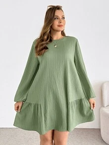 Shapeblank Plus-Size Women's Sage Green Autumn Long Sleeve Babydoll Dress,Smart Casual Tea Party Textured Fabric Loose Comfortable Curve Short Dress For Spring - Green - View 6