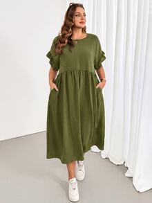 Shapeblank Plus Size Simple Versatile Pleated Pocket Dress - Olive Green - View 3