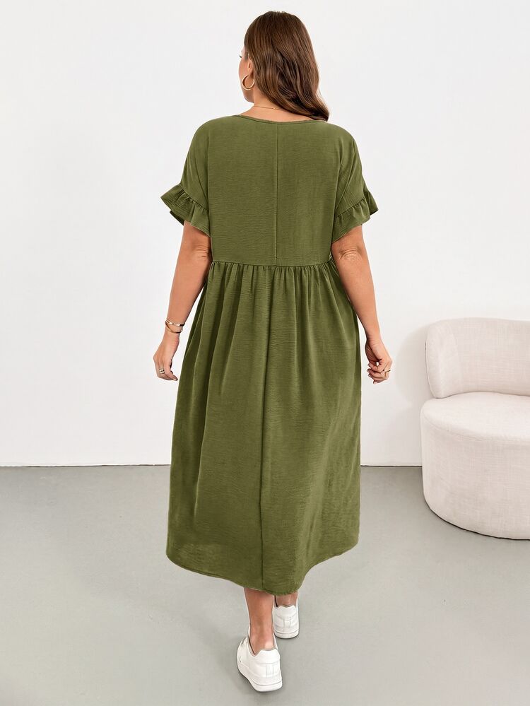 Shapeblank Plus Size Simple Versatile Pleated Pocket Dress - Olive Green - View 2