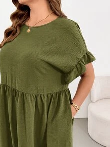 Shapeblank Plus Size Simple Versatile Pleated Pocket Dress - Olive Green - View 6