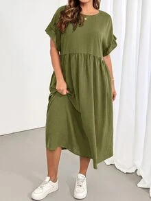 Shapeblank Plus Size Simple Versatile Pleated Pocket Dress - Olive Green - View 5