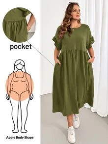 Shapeblank Plus Size Simple Versatile Pleated Pocket Dress - Olive Green - View 1