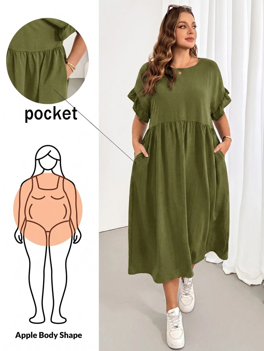 Shapeblank Plus Size Simple Versatile Pleated Pocket Dress - Olive Green - View 1