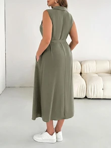 Shapeblank Plus Size Women's Spring Summer Fashion Casual Soft Form Loose Comfortable Slim Sage Green Button Mid-Length Shirt Dress Work Brunch Office - Army Green - View 2
