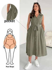 Shapeblank Plus Size Women's Spring Summer Fashion Casual Soft Form Loose Comfortable Slim Sage Green Button Mid-Length Shirt Dress Work Brunch Office - Army Green - View 1