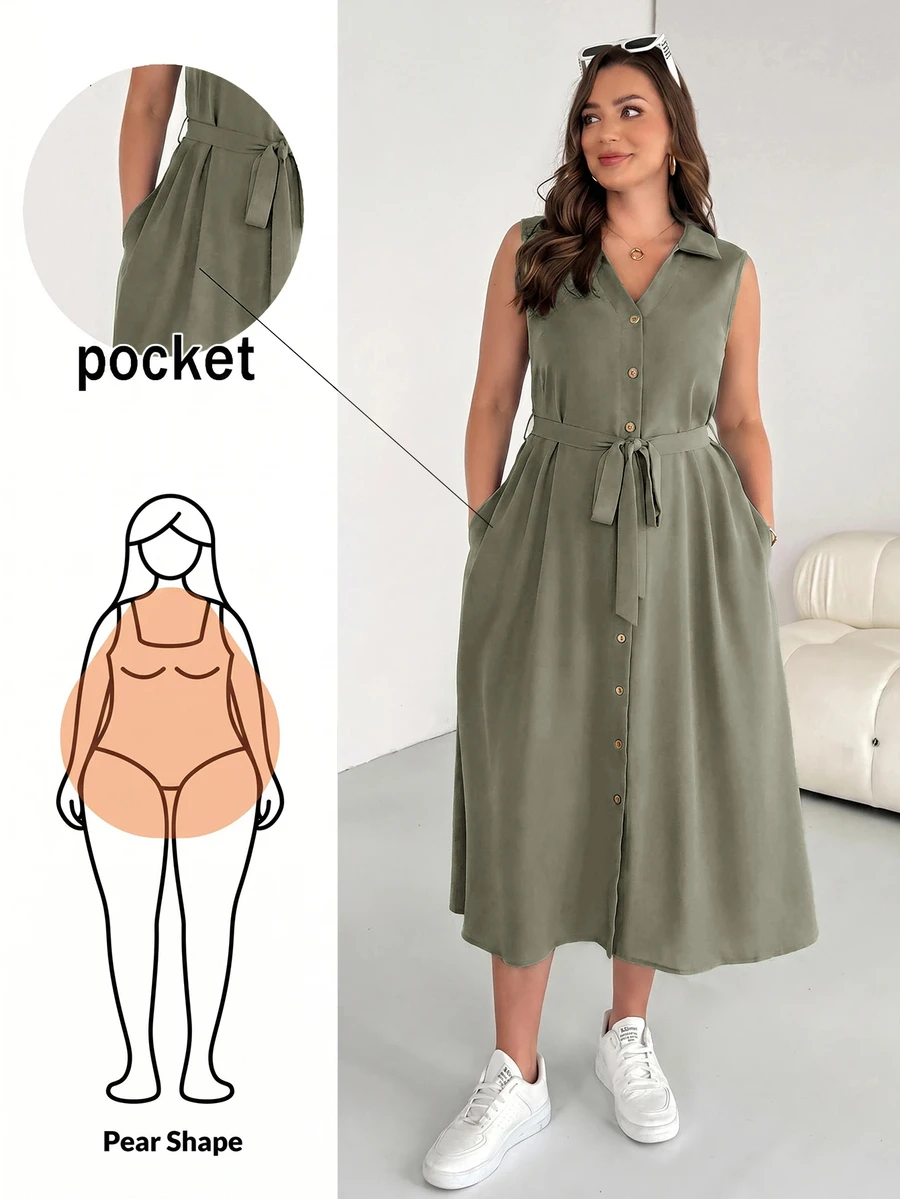 Shapeblank Plus Size Women's Spring Summer Fashion Casual Soft Form Loose Comfortable Slim Sage Green Button Mid-Length Shirt Dress Work Brunch Office - Army Green - View 1