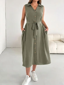 Shapeblank Plus Size Women's Spring Summer Fashion Casual Soft Form Loose Comfortable Slim Sage Green Button Mid-Length Shirt Dress Work Brunch Office - Army Green - View 3