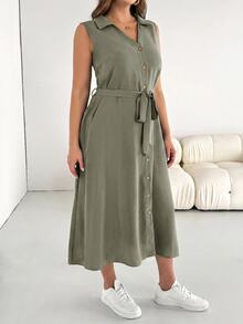 Shapeblank Plus Size Women's Spring Summer Fashion Casual Soft Form Loose Comfortable Slim Sage Green Button Mid-Length Shirt Dress Work Brunch Office - Army Green - View 4