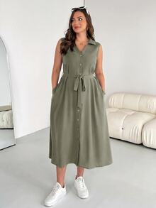 Shapeblank Plus Size Women's Spring Summer Fashion Casual Soft Form Loose Comfortable Slim Sage Green Button Mid-Length Shirt Dress Work Brunch Office - Army Green - View 5