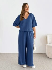 Shapeblank Women's Plus-Size V-Neck Short-Sleeved Crop Top And Wide-Leg Pants Set,Navy Blue Sommar Smart Casual Vacation Outfits,Loose Comfortable 2pcs Pants Set - Navy Blue - View 4