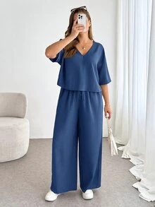 Shapeblank Women's Plus-Size V-Neck Short-Sleeved Crop Top And Wide-Leg Pants Set,Navy Blue Sommar Smart Casual Vacation Outfits,Loose Comfortable 2pcs Pants Set - Navy Blue - View 5