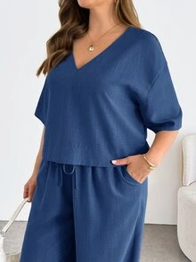 Shapeblank Women's Plus-Size V-Neck Short-Sleeved Crop Top And Wide-Leg Pants Set,Navy Blue Sommar Smart Casual Vacation Outfits,Loose Comfortable 2pcs Pants Set - Navy Blue - View 6