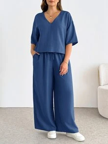 Shapeblank Women's Plus-Size V-Neck Short-Sleeved Crop Top And Wide-Leg Pants Set,Navy Blue Sommar Smart Casual Vacation Outfits,Loose Comfortable 2pcs Pants Set - Navy Blue - View 7