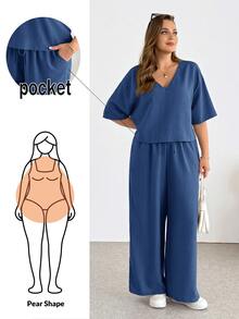 Shapeblank Women's Plus-Size V-Neck Short-Sleeved Crop Top And Wide-Leg Pants Set,Navy Blue Sommar Smart Casual Vacation Outfits,Loose Comfortable 2pcs Pants Set - Navy Blue - View 2