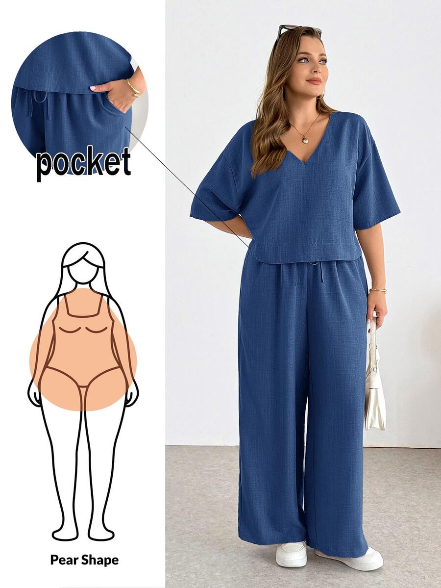 Shapeblank Women's Plus-Size V-Neck Short-Sleeved Crop Top And Wide-Leg Pants Set,Navy Blue Sommar Smart Casual Vacation Outfits,Loose Comfortable 2pcs Pants Set